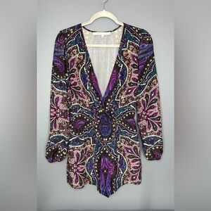 Lovers + Friends Romper Womens M Multicolor Paisley Long Sleeve Deep V Boho Cute